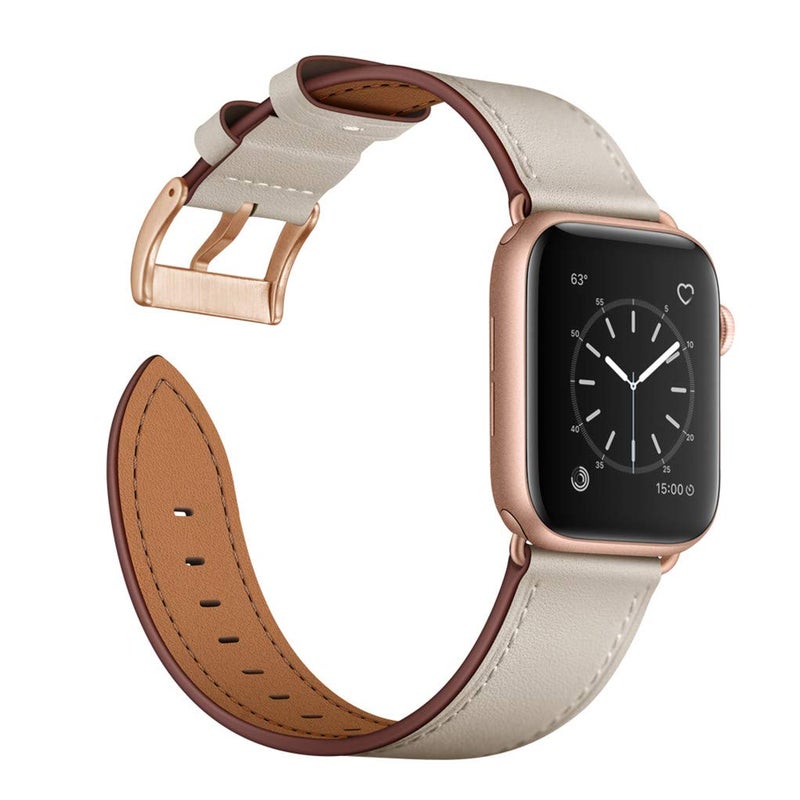 OUHENG Leather Bands Compatible with Apple Watch Band 49mm/46mm/45mm/44mm/42mm, Genuine Leather Strap for iWatch Series 11/10/9/8/7/6/5/4/3/2/1 & Ultra 3/2/1 & SE3 SE2 SE, Ivory White/Rose Gold - Image 3